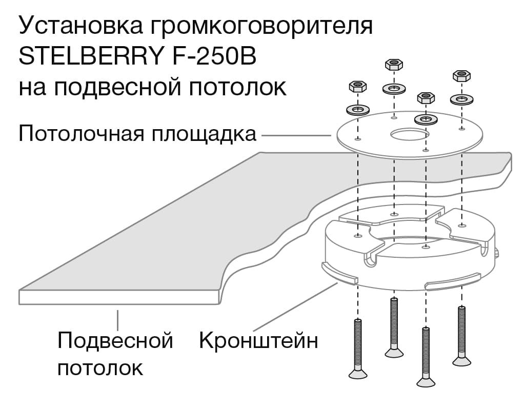 Для установки громкоговорителя STELBERRY F-250B на подвесной потолок служит потолочная площадка