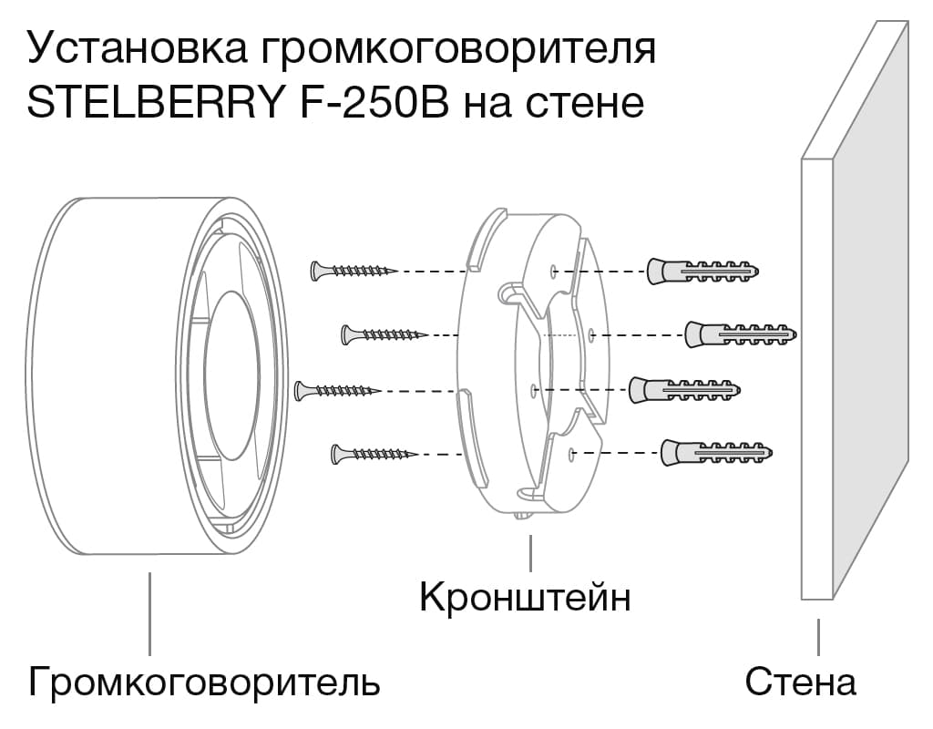 Для установки кронштейна громкоговорителя на стену или обычный (не подвесной) потолок, в комплекте с громкоговорителем идут дюбеля и саморезы