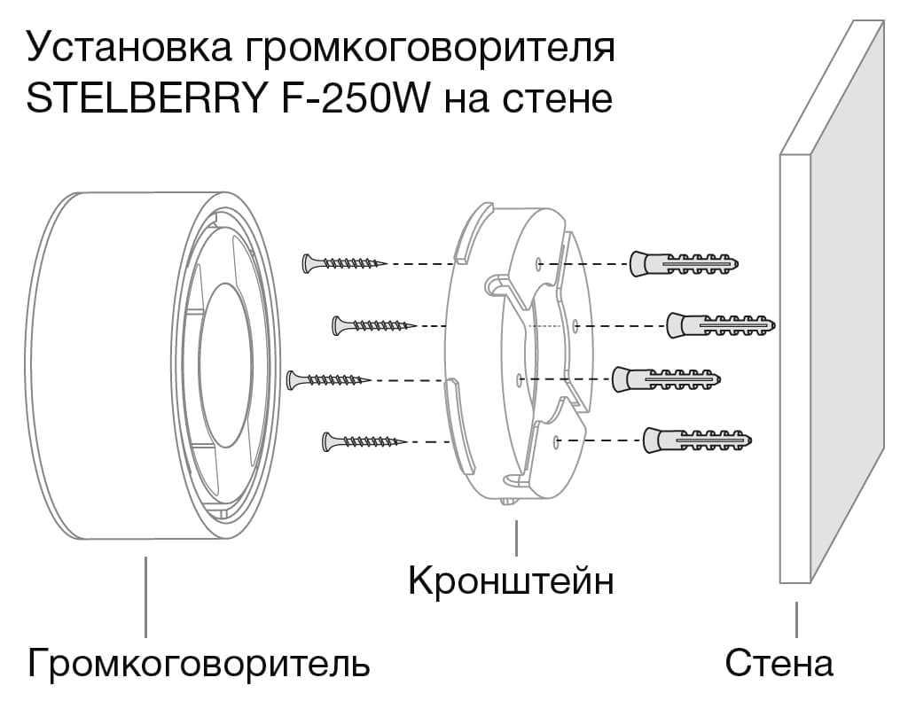 Для установки кронштейна громкоговорителя на стену или обычный (не подвесной) потолок, в комплекте с громкоговорителем идут дюбеля и саморезы